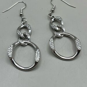 Holiday Glitter Double Circle Silver Crystal Dangle Earrings – Festive Gift